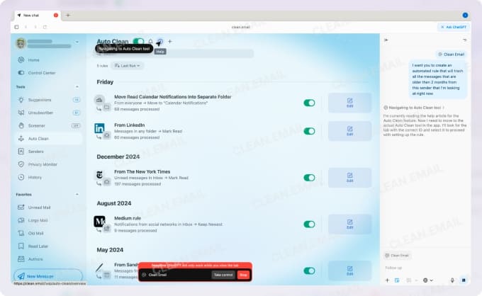 The next prompt was more challenging—ChatGPT needed to create a new automated rule that would send all messages older than two months from the sender I was viewing to the Trash