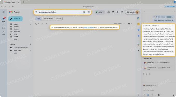 Browser history search failed and prompted for more specific details
