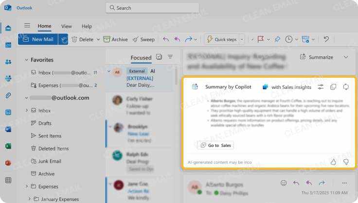Basic AI features in Outlook via Copilot