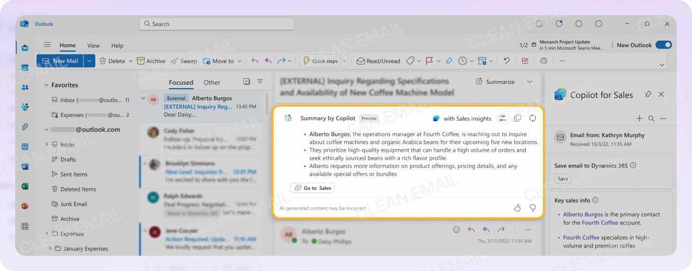Basic AI features in Outlook via Copilot