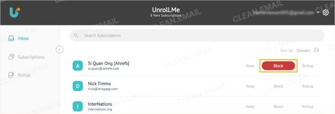 Unroll.Me Block option for newsletters