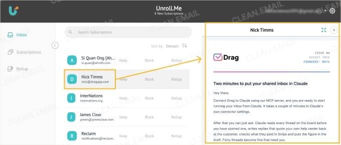 Unroll.Me dashboard showing email subscriptions in one place