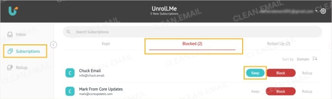 Unroll.Me Subscriptions section for changing subscription status
