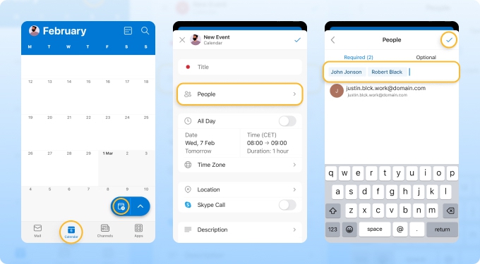 Outlook app with email, calendar, and contacts integration