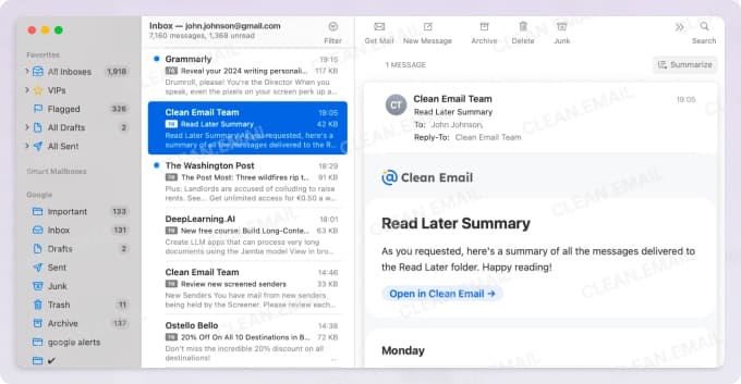 Apple Mail on Mac connects to Gmail via Google sign-in, stores messages locally for offline access, and supports other email accounts, contacts, calendars, and notes.