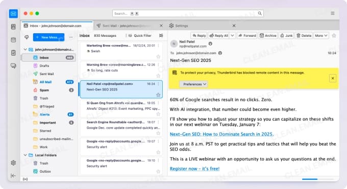 Thunderbird connects to Google, stores mail locally for offline access, supports unlimited accounts, and is maintained by MZLA Technologies