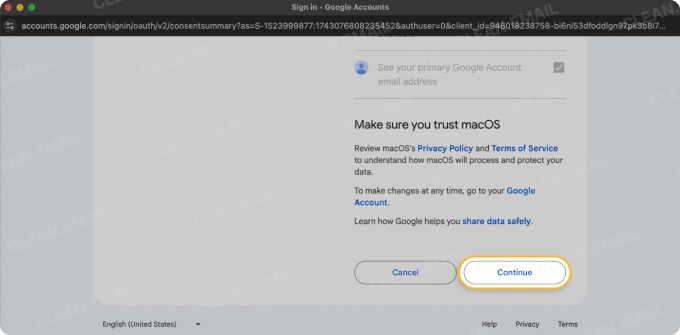 Sign in through the Google window that opens and approve the requested permissions