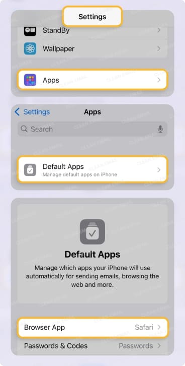 Switch browsers in the mobile Default Settings