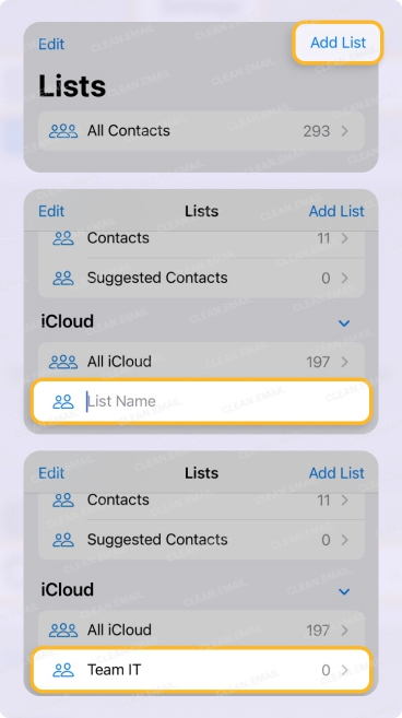 Steps in the Contacts app on iPhone to create a new email group a new email group list: tap Add List, name it, and save under an account like iCloud or Gmail