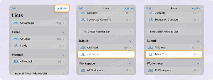 Steps in the Contacts app on iPhone to create a new email group a new email group list: tap Add List, name it, and save under an account like iCloud or Gmail