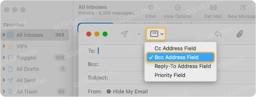 Mac Mail interface showing how to reveal the Bcc field by selecting 'Bcc Address Field' from the header options
