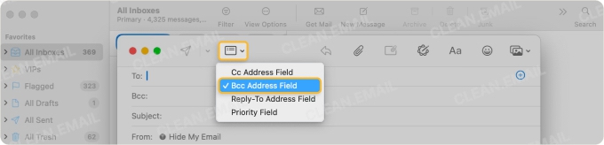 Mac Mail interface showing how to reveal the Bcc field by selecting 'Bcc Address Field' from the header options