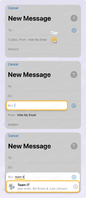 iPhone Mail app with Bcc field selected, demonstrating how to add a contact group for undisclosed recipients