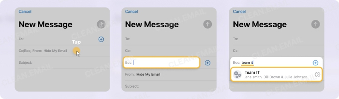 iPhone Mail app with Bcc field selected, demonstrating how to add a contact group for undisclosed recipients