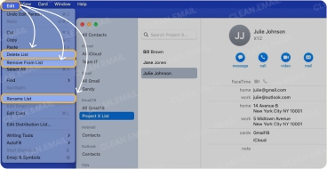 Mac Contacts app showing how to rename, remove members from, or delete a group email list via the Edit menu to manage contact groups easily