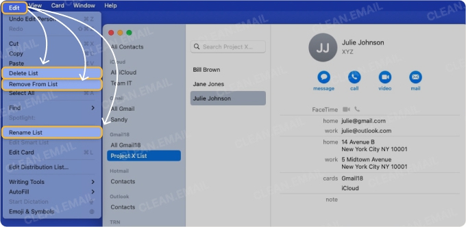 Mac Contacts app showing how to rename, remove members from, or delete a group email list via the Edit menu to manage contact groups easily