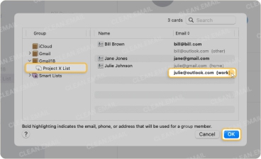 Mac Contacts app showing the Edit Distribution List pop-up window. Users can assign a specific email address to each contact in a group list by selecting from the Email column