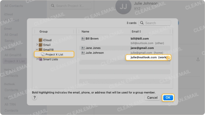 Mac Contacts app showing the Edit Distribution List pop-up window. Users can assign a specific email address to each contact in a group list by selecting from the Email column