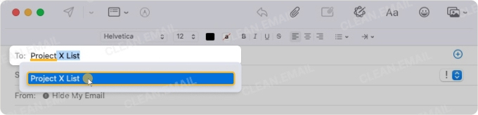 Apple Mail compose window on Mac with a group email list selected in the 'To' field, showing how to email a contact group