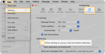 Apple Mail settings on Mac with 'Composing' tab open and the checkbox for 'When sending to a group, show all member addresses' highlighted