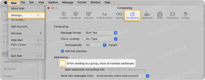 Apple Mail settings on Mac with 'Composing' tab open and the checkbox for 'When sending to a group, show all member addresses' highlighted