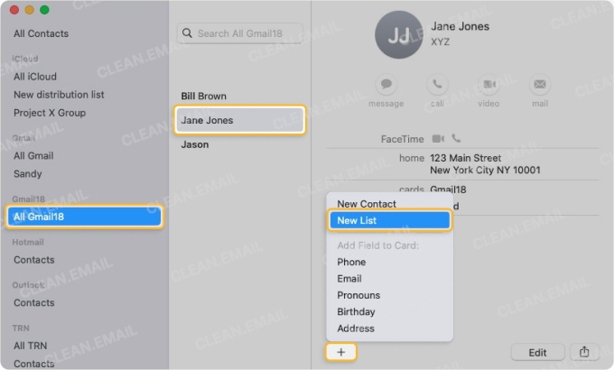 Mac Contacts app interface showing how to create a new group email list by selecting an account, then using the plus sign or File menu to choose ‘New List’ for organizing email recipients