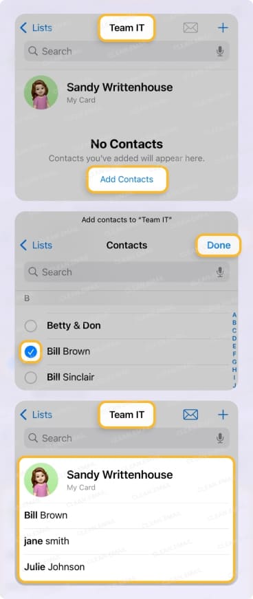 Adding contacts to a group email list in iPhone Contacts by tapping Add Contacts, selecting names, and confirming with Done