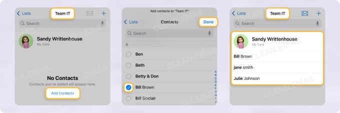 Adding contacts to a group email list in iPhone Contacts by tapping Add Contacts, selecting names, and confirming with Done