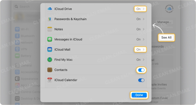 iCloud settings window on Mac showing toggles enabled for syncing Contacts, iCloud Mail, and iCloud Drive to keep email and address book data consistent across Apple devices