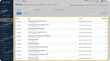 Mailtrap email logs with status details, event history, and spam analysis