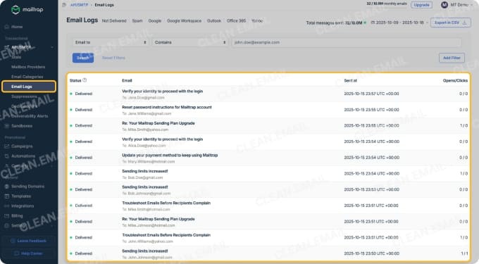 Mailtrap email logs with status details, event history, and spam analysis
