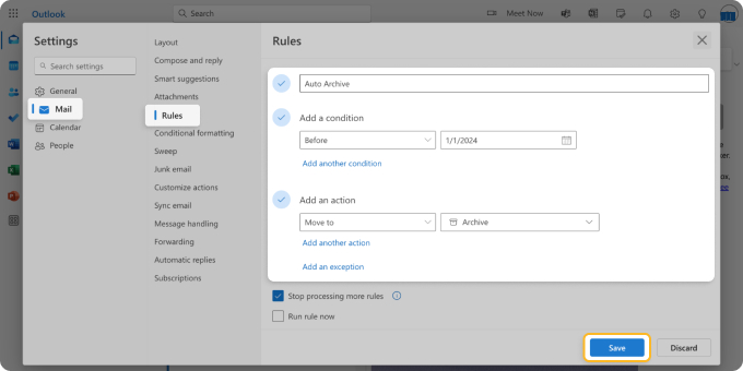 New Outlook Windows – create message automation rule