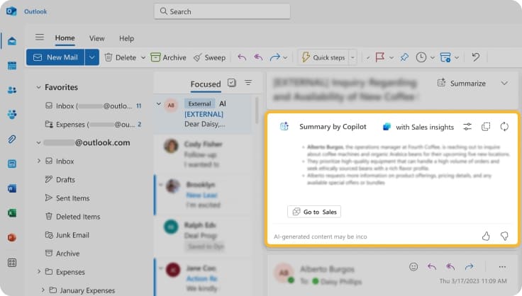 Outlook app with Copilot-powered email assistance