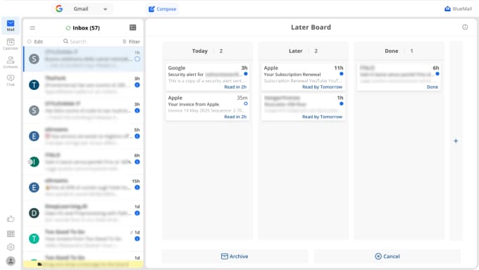 BlueMail email app with task management and inbox cleanup features