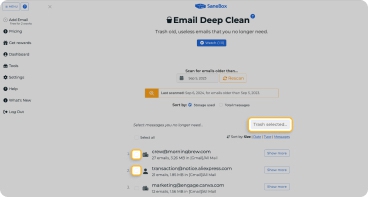 SaneBox Deep Clean feature for bulk email cleanup