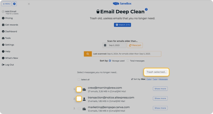 SaneBox Deep Clean feature for bulk email cleanup