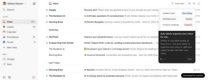 Notion Mail Gmail client with AI labels and views
