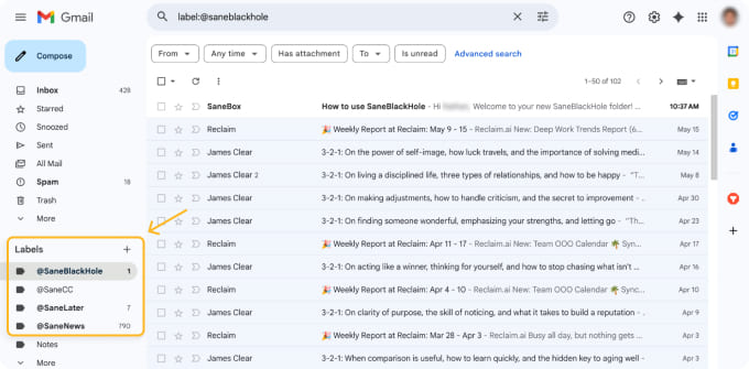 SaneBox folder system organizing different email types