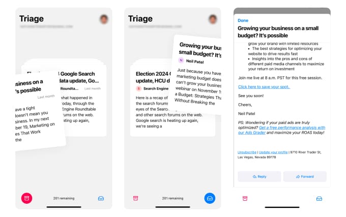 Triage email interface with archive, keep, or open options