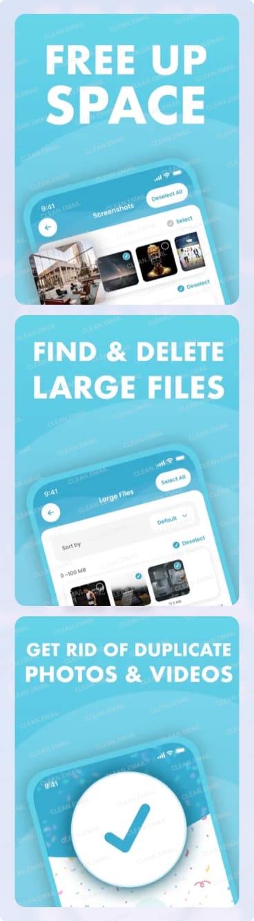 Cleaner Gemini app interface showing tools to free up iPhone storage by deleting screenshots, large files, and duplicate photos