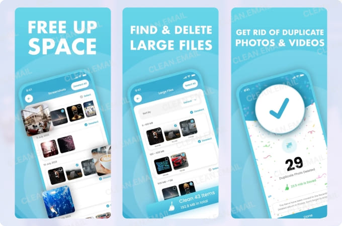 Cleaner Gemini app interface showing tools to free up iPhone storage by deleting screenshots, large files, and duplicate photos