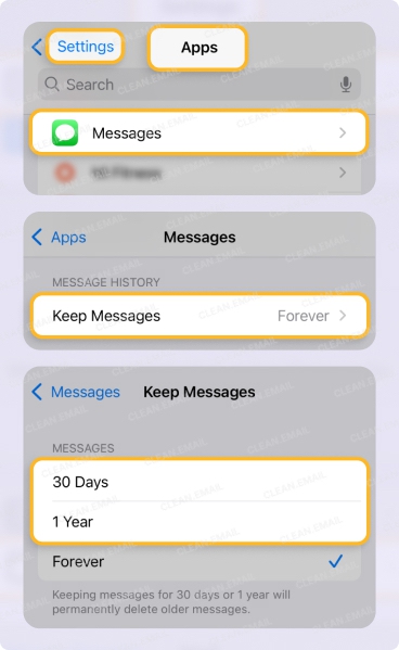 iPhone Settings path showing how to delete old conversations by navigating to Apps → Messages → Keep Messages and selecting 30 Days or 1 Year