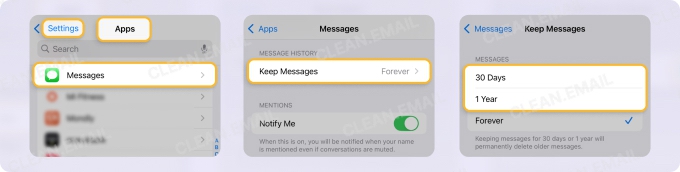 iPhone Settings path showing how to delete old conversations by navigating to Apps → Messages → Keep Messages and selecting 30 Days or 1 Year