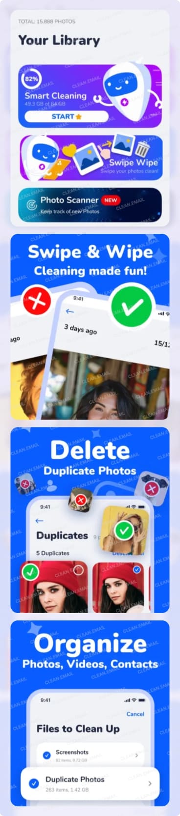 Smart Cleaner app interface showing features to smart clean photos, swipe to delete images, remove duplicates, and organize media and contacts