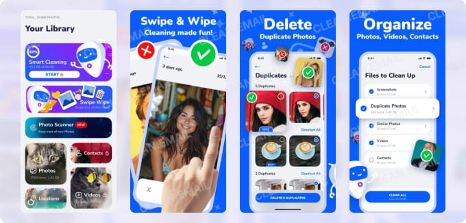 Smart Cleaner app interface showing features to smart clean photos, swipe to delete images, remove duplicates, and organize media and contacts