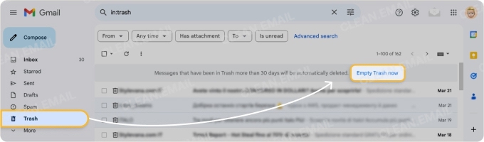 You must manually clear Trash and Spam to free up space