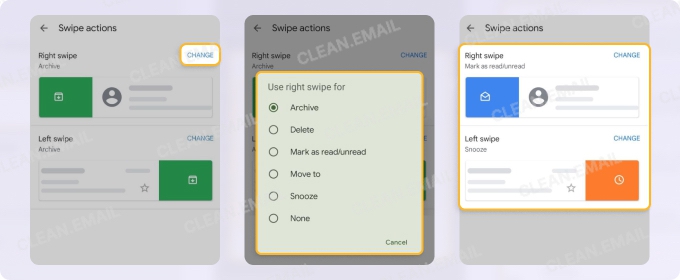 Tap Change above Right swipe, Left swipe, or each to pick an action