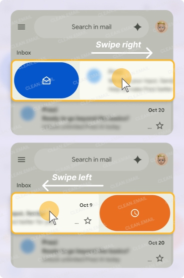 Swipe emails left or right to trigger actions with matching icons and colors