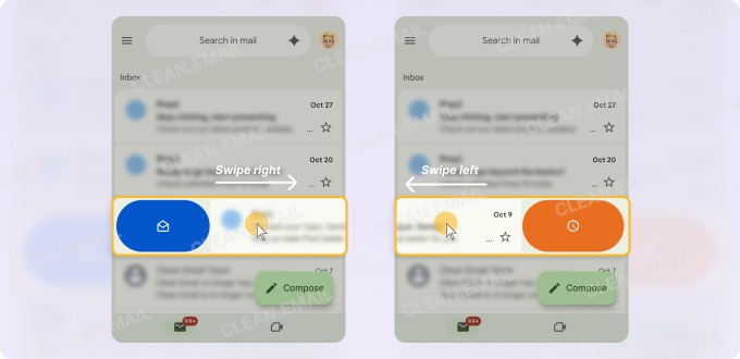 Swipe emails left or right to trigger actions with matching icons and colors