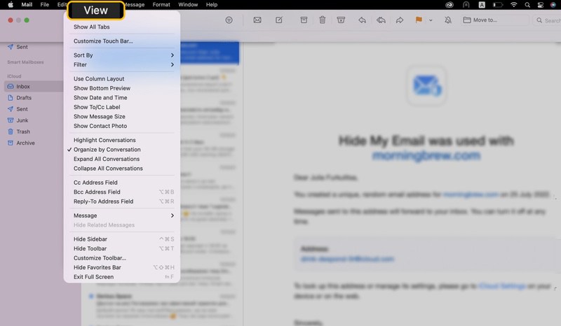 iCloud Mail column layout for sorting emails